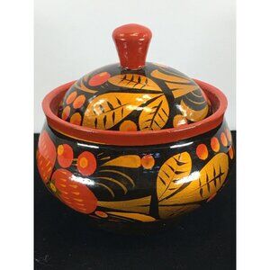 Vintage Russian Khokhloma Lacquered Wood Jar with Lid Painted Red Black